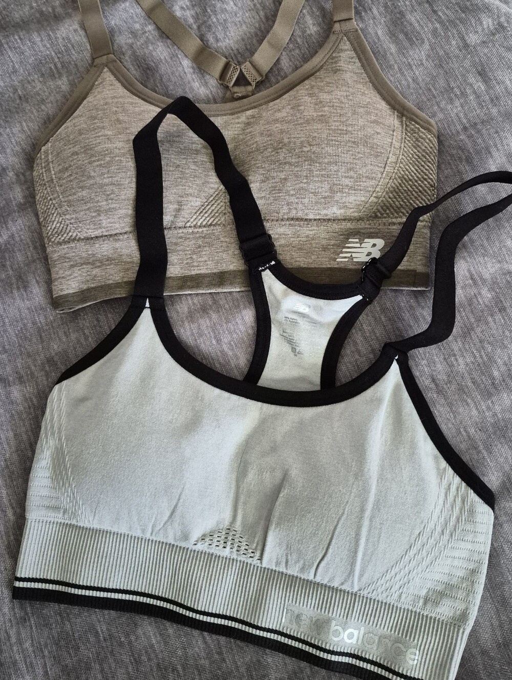 New Balance Seamless Sports Bras in Taupe and Light Gray with Black Trim